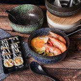 keramische kommen, 2-delige set (8 stuks) met lepel, eetstokjes, 1100 ml, grote soepkom, slakommen voor soep, fo en sushi kommen (groene kom 2 set)