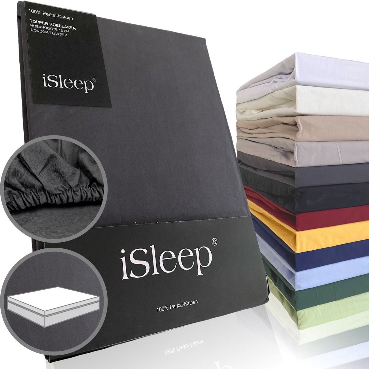 iSleep Perkal Topper Hoeslaken - 100% Perkal Katoen - Rondom Elastiek - Litsjumeaux - 180x200 cm - Antraciet