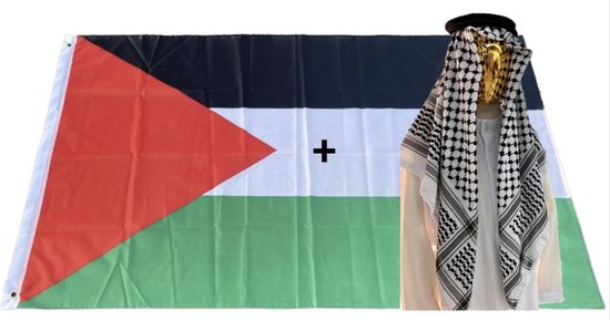 Palestijnse Vlag 90x150 cm + Palestijnse Kufiya/Keffiyeh Zwart/Wit met Zachte Stof, Arafat Sjaal, Palestina Sjaal, Arabische Sjaal 127x127 cm