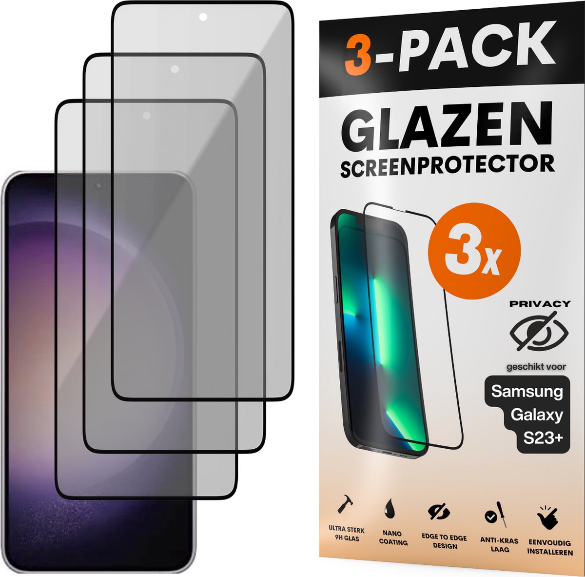 Privacy Screenprotector - Geschikt voor Samsung Galaxy S23+ - Gehard Glas - Full Cover Tempered Privacy Glass - Case Friendly - 3 Pack