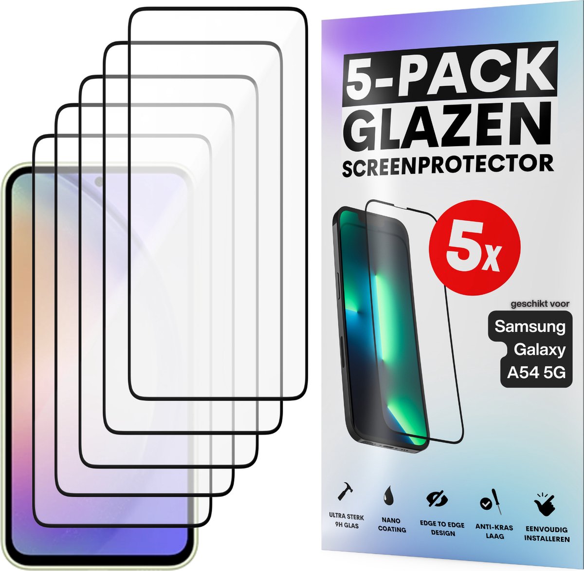 Screenprotector - Geschikt voor Samsung Galaxy A54 5G - Gehard Glas - Full Cover Tempered Glass - Case Friendly - 5 Pack