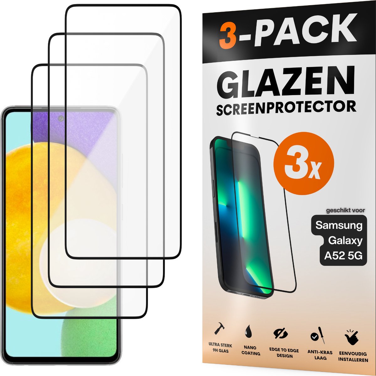 Screenprotector - Geschikt voor Samsung Galaxy A52 5G - Gehard Glas - Full Cover Tempered Glass - Case Friendly - 3 Pack
