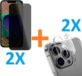 2X Privacy Scherm Tempered Glass Screen Protector Anti-Spy + 2X Camera lens Beschermer Transparant Geschikt voor: Apple iPhone 15 Pro