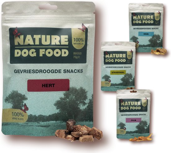 Foto: 4x nature dogfood gevriesdrooge snacks zalmsnack eend sruisvogel en herten vlees lakse merk nature dog food variant hert inhoud verpakking 75 gram productsoort gevriesdroogde hondensnack licht verteerbaar