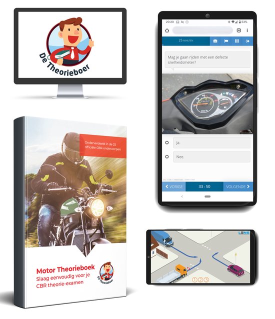 Collage met een computer, telefoon en tablet waarop een motor theorieboek en oefenexamens worden getoond. Titel: 'Motor Theorieboek'.