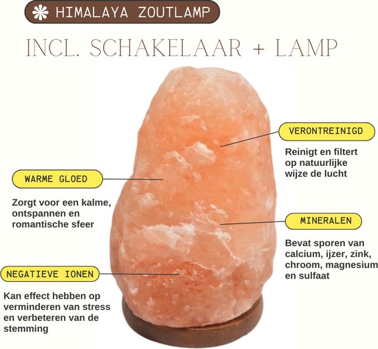 HIMALAYA ZOUTLAMP - 2-4kg INCL. Schakelaar en Lamp - Zacht licht - 100% natuurlijk Haliet