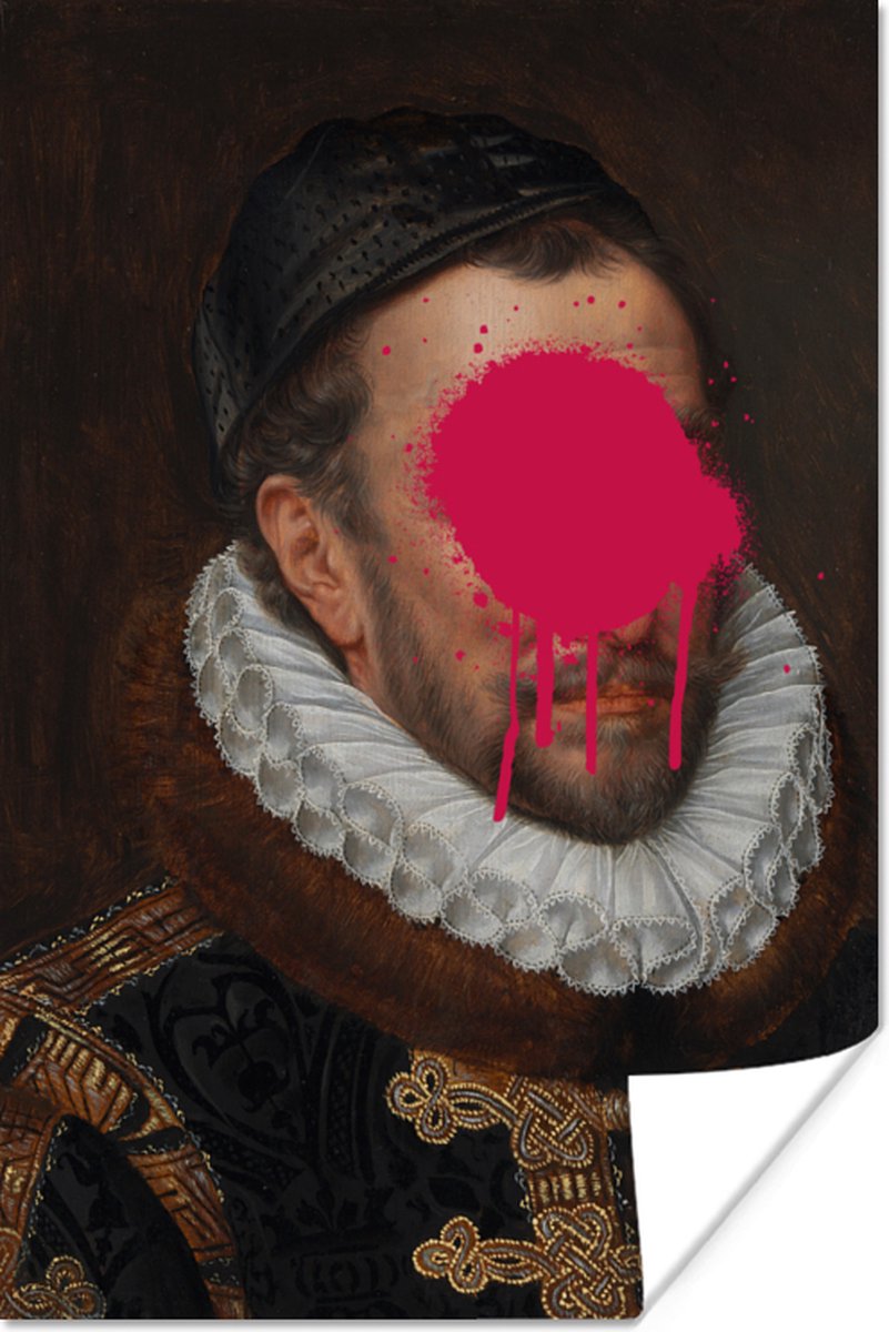 Willem van Oranje van oude meester Adriaen Thomasz met roze klodder verf 20x30 cm - klein - Foto print op Poster (wanddecoratie woonkamer / slaapkamer) - PosterMonkey