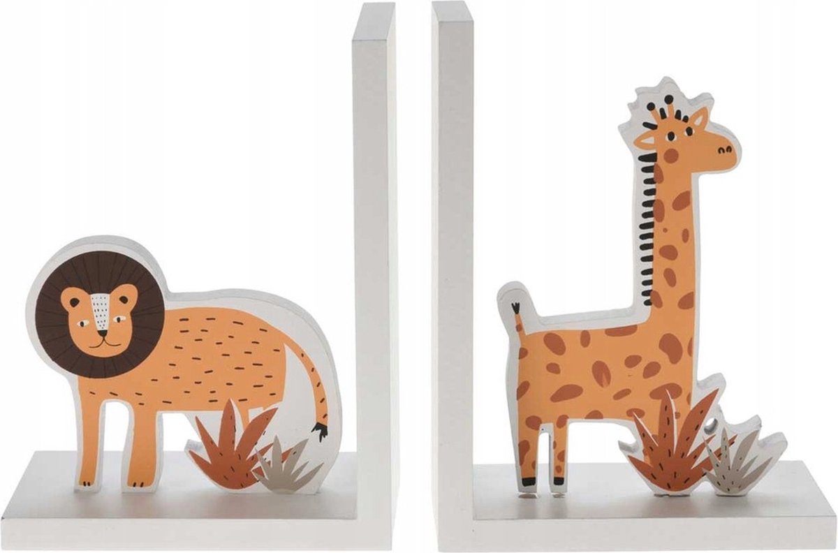 Boekensteun - Kinderen - Thema dieren / Giraf Leeuw - 2 stuks - Hout - 14x9xH19cm - Wit