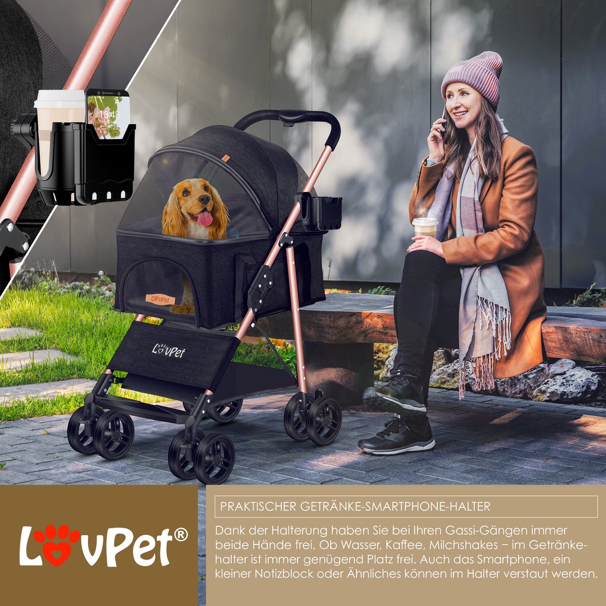LOVPET® Hondenbuggy 2in1 Huisdieren Wandelwagen Buggy met Transporttas Opvouwbaar tot 20 kg Hondenwandelwagen met Gaasramen & Regenhoes Jogger Kattenbuggy voor Kleine Honden Katten Hondenbox - Zwart – foto 6