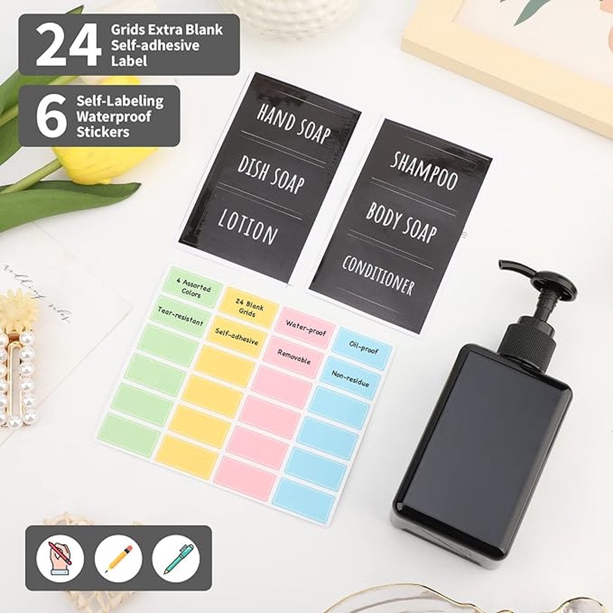 Goedkoopste Super set zeep Lotion Dispenser vierkant, 4 stuks, 200 ml, zwart, zeepdispenser, set met handgeschreven etiketten voor shampoo, douchegel, zeep, vloeibare zeep, navulbare kunststof pompflessen voor keuken en badkamer
