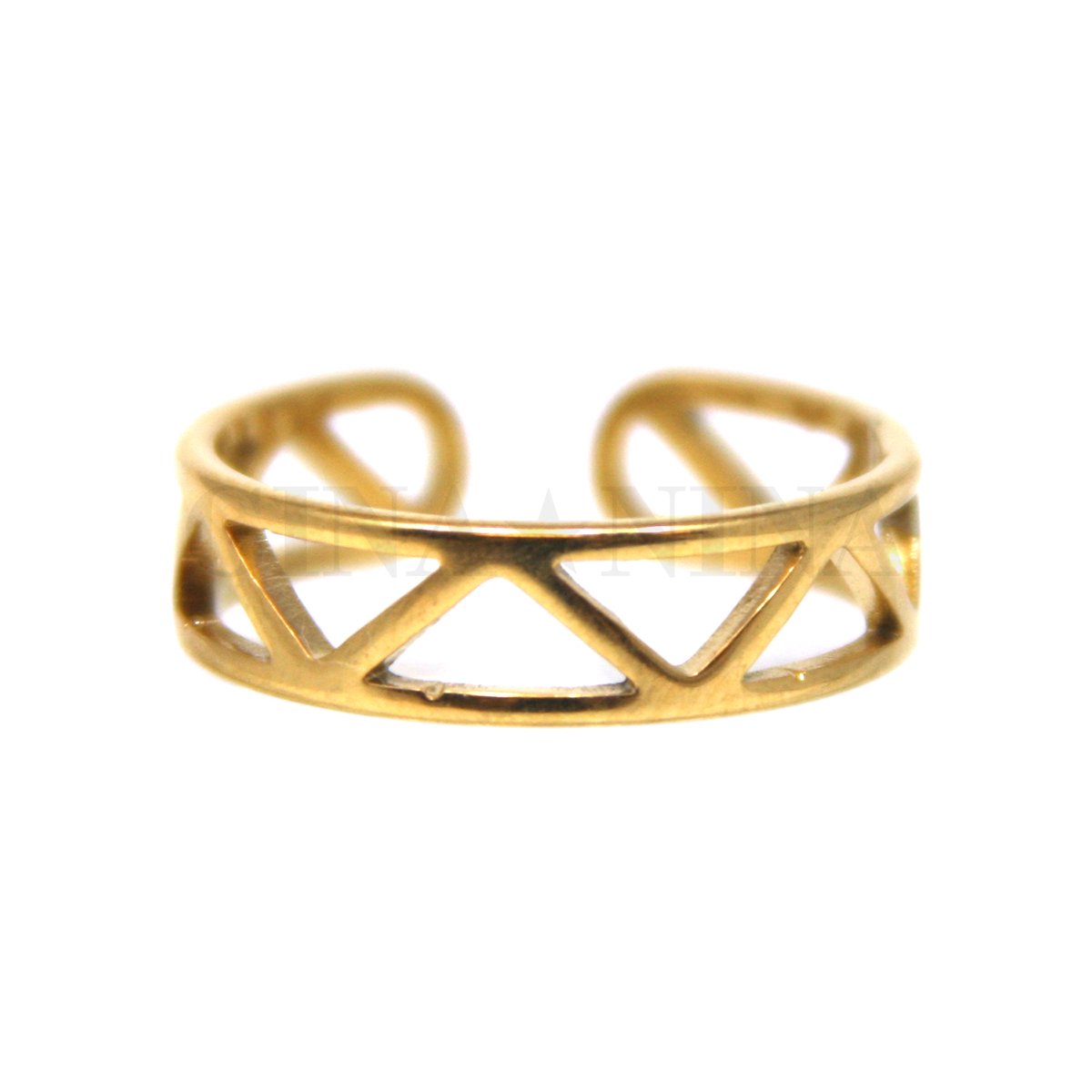 Ring van Goudkleurig stainless steel, Driehoeken, opengewerkt, 17 mm, Verstelbaar