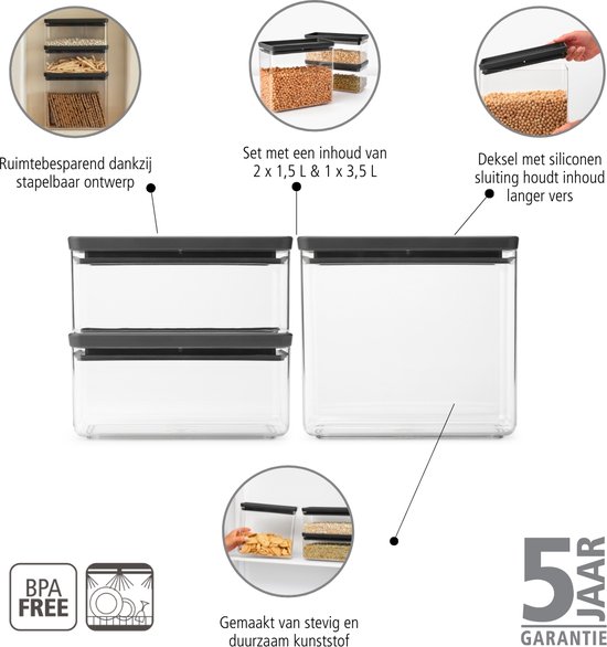 Brabantia Tasty+ Bidons alimentaires - Empilables - 1,5 + 1,5 + 3,5 l - Gris foncé