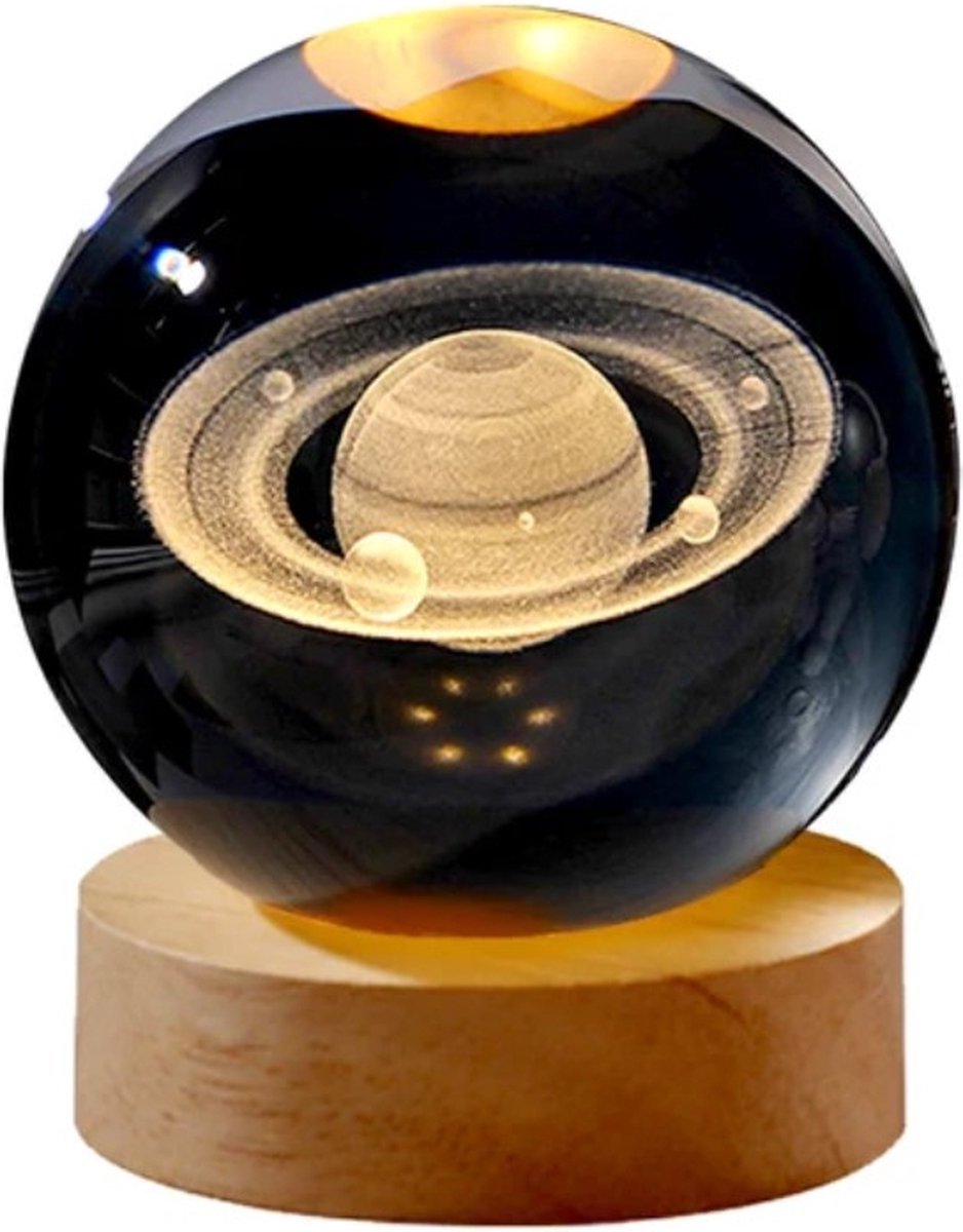 JouwBeer - 3D Kristallen bol Lamp - Hout - LED - Tafellamp - Sterrenlamp - Maan lamp - Saturnus / Jupiter - Maanlampje - Nachtlampje - Cadeau voor hem / haar