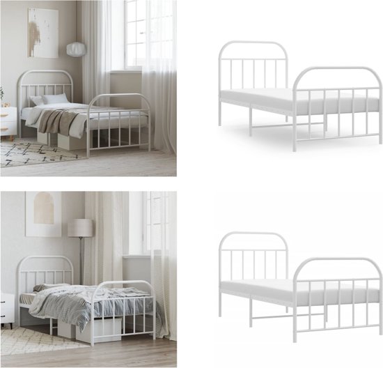 vidaXL Bedframe met hoofd- en voeteneinde metaal wit 90x200 cm - Bedframe - Bedframes - Eenpersoonsbed - Bed