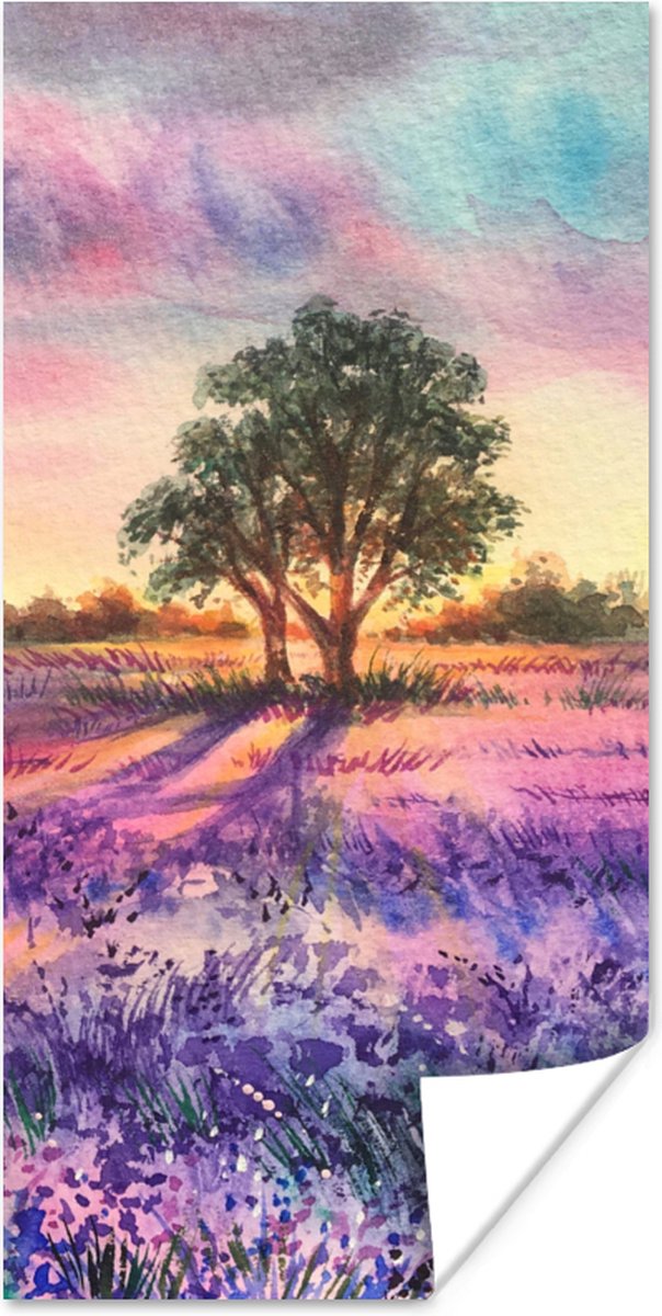 Poster Lavendel - Verf - Vogels - Bomen - Paars - 80x160 cm