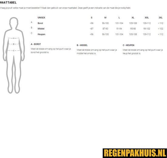 Maattabel met een schematische weergave van een mens. Maten A (borst), B (middel) en C (heup) worden aangegeven.