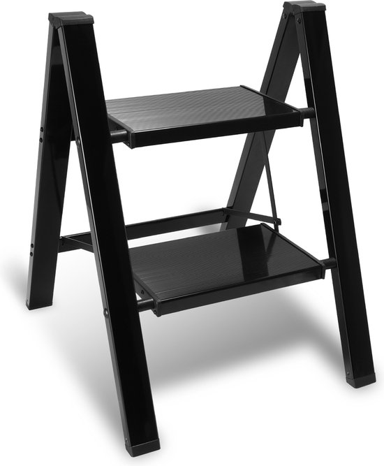 Foto: Trapladder opvouwbare ladder 2 treden keukentrap inklapbaar anti slip trap ladder alu zwart