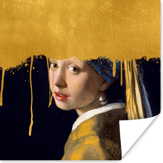 Poster Meisje met de parel - Goud - Vermeer - 100x100 cm XXL