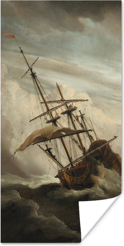 Poster Een schip in volle zee bij vliegende storm - Schilderij van Willem van de Velde - 40x80 cm