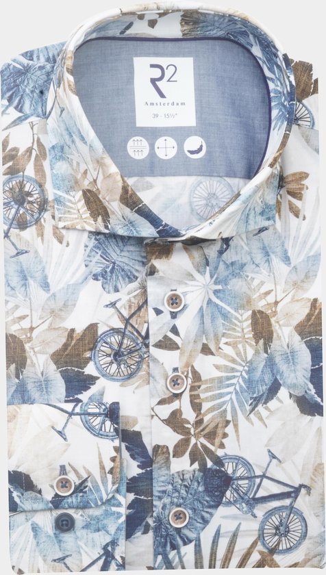 R2 Amsterdam - Overhemd Botanische Print Fiets Blauw - Heren - Modern-fit