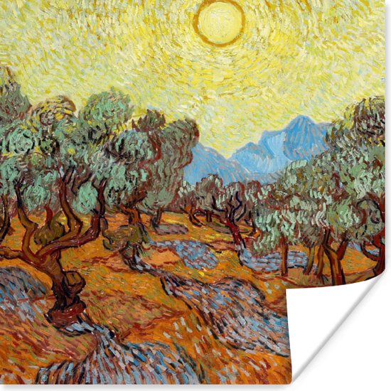 Poster Olijfbomen met gele hemel en zon - Vincent van Gogh - 30x30 cm