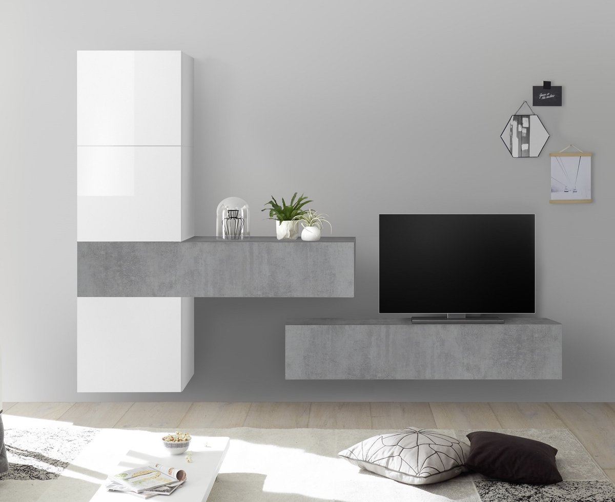 TV-wandmeubel Bruno in hoogglans wit met grijs beton
