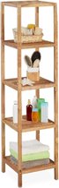 badkamerrek notenhout, HBD 145 x 36 x 36 cm, 5 etages, vierkant, staand keukenrek, badkamer rek hout, natuur