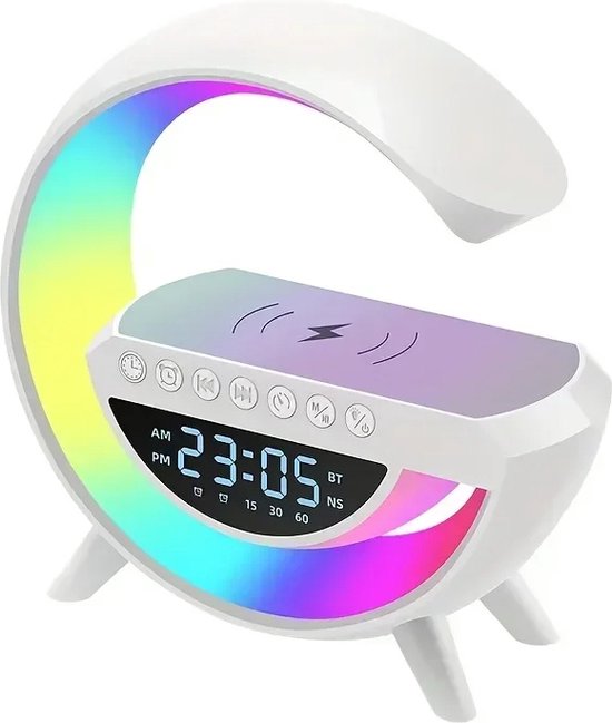 Wekker met draadloos opladen en RGB Led kleur effecten - Wekker met draadloze oplader - Bluetooth speaker - Digitale wekker - Nachtlamp - Bureaulamp