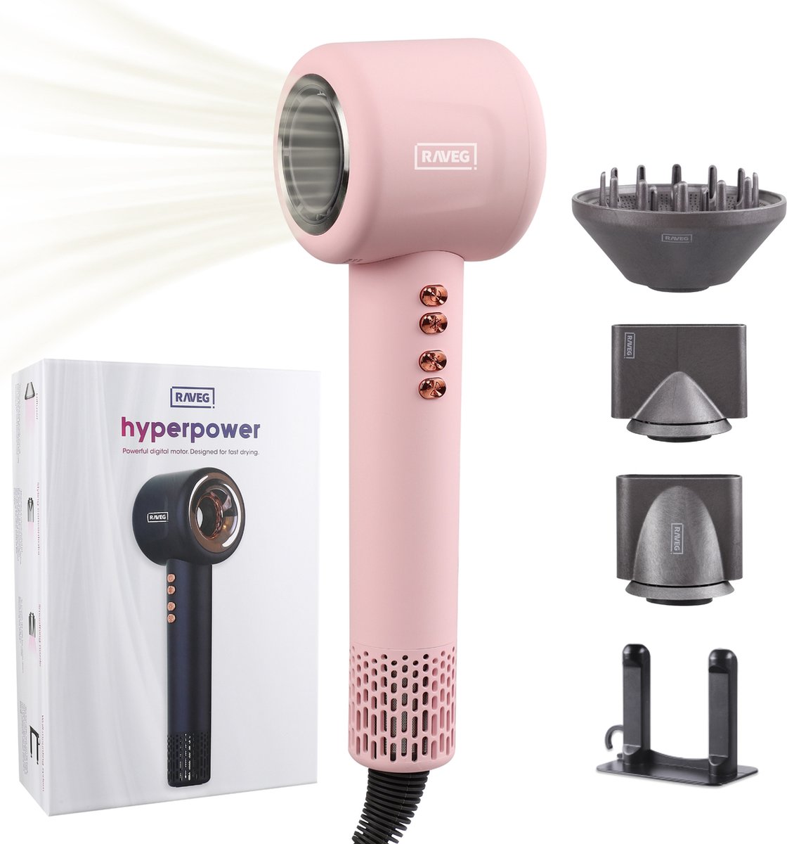 RAVEG Hyperpower ® Föhn met Diffuser Haardroger Ionische Krullen - Pink