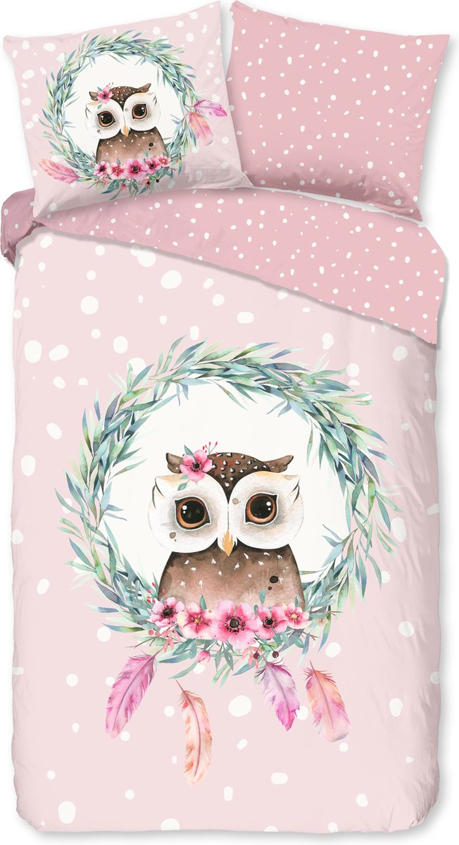 Good Morning dekbedovertrek uil en veren - Roze - 100% Katoen renforce Pink