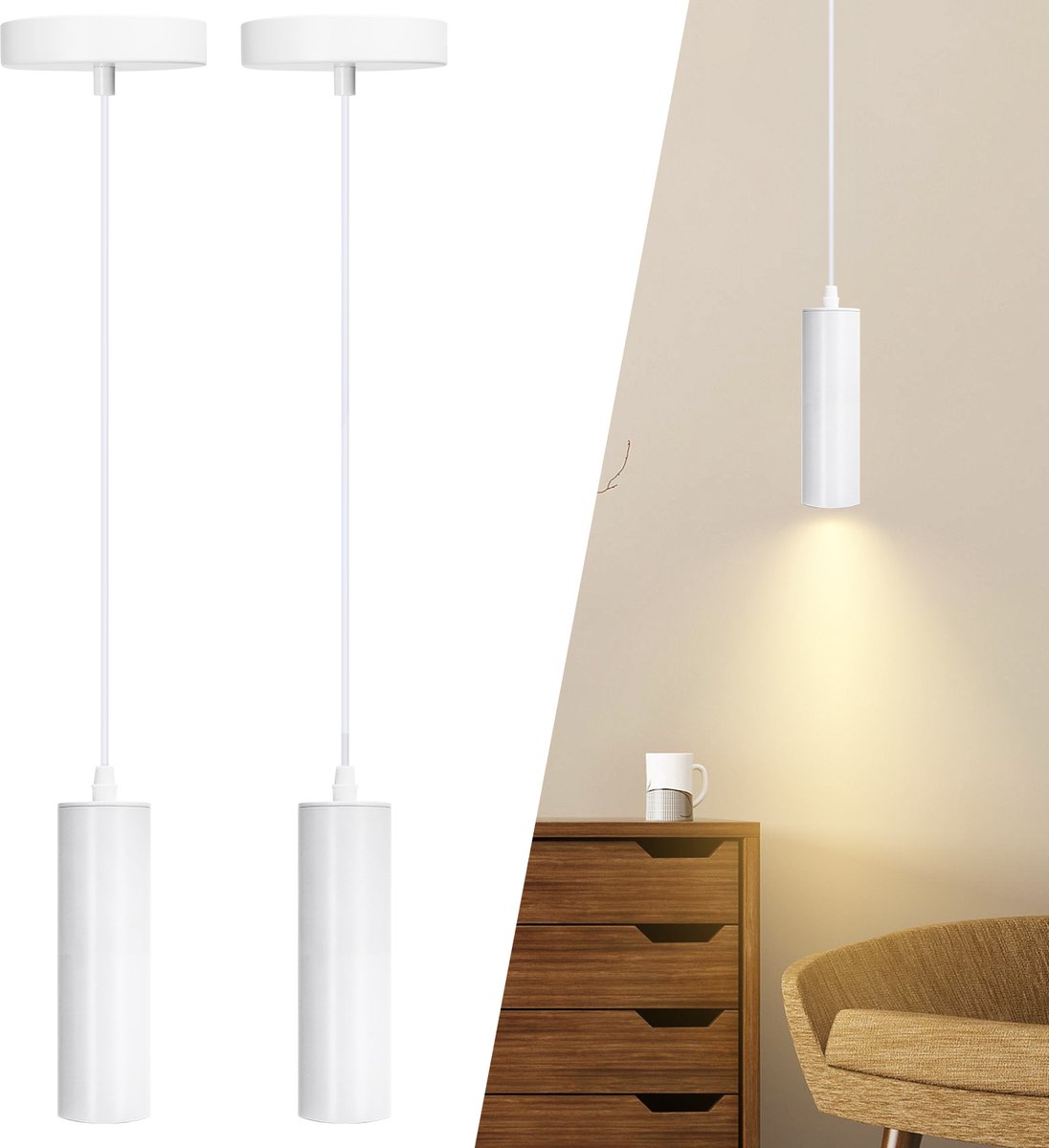 Aigostar 10MN7 - 2 stuks Hanglamp Industrieel - GU10 - voor Woonkamer, Eetkamer Slaapkamer - Wit - excl. lichtbron