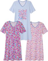 Damart - Set van 3 nachthemden in jerseytricot met fantasie, zuiver kamkatoen - Vrouwen - Blauw - 50-52 (XL)