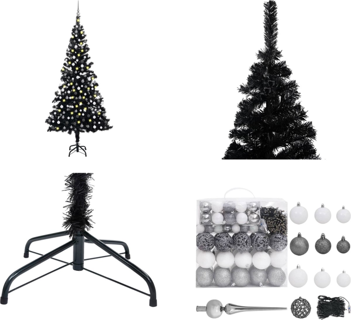 vidaXL Kunstkerstboom met LED's en kerstballen 210 cm PVC zwart - Kunstkerstboom - Kunstkerstbomen - Kerstboom - Kerstdecoratie