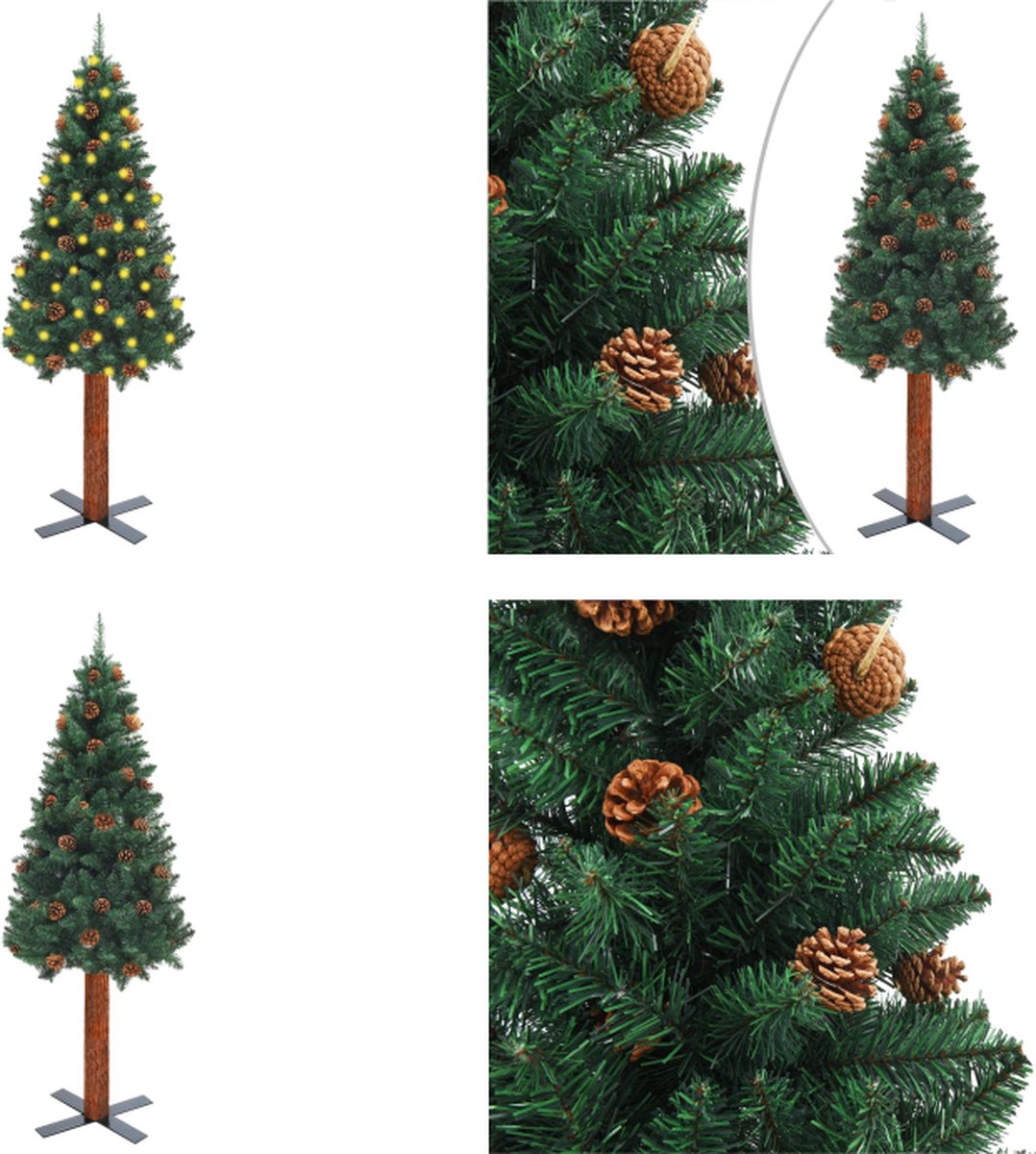 vidaXL Kerstboom met LED's en hout en dennenappels smal 210 cm groen - Kunstkerstboom - Kunstkerstbomen - Kerstboom - Kerstdecoratie