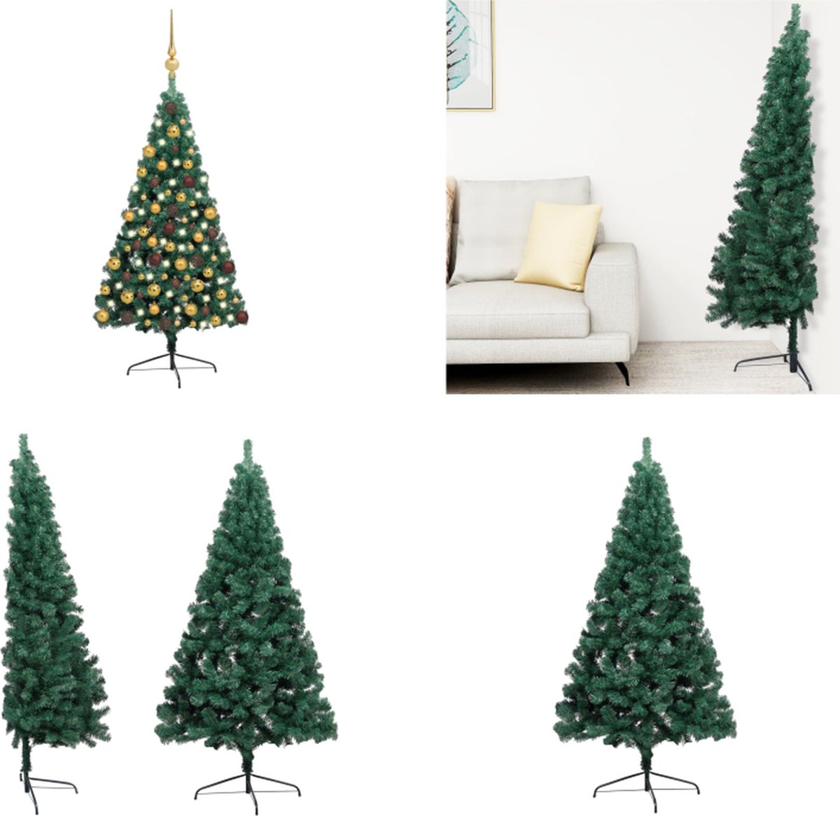 vidaXL Kunstkerstboom met LED's en kerstballen half 180 cm groen - Kunstkerstboom - Kunstkerstbomen - Kerstboom - Kerstdecoratie