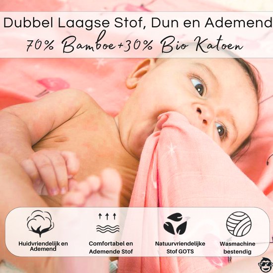 Triplepack 3x BoefieBoef Roze Flamingo Grote XL Hydrofiele Doek Baby - Duurzaam Eco Bamboe - Swaddle, Inbakerdoek, Hydrofiele Luier & Babydeken van Merkloos — afbeelding 5
