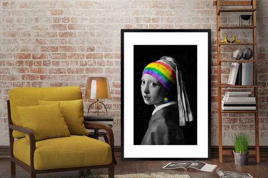 Fotolijst incl. Poster - Meisje met de parel - Regenboog - Vermeer - 80x120 cm - Posterlijst