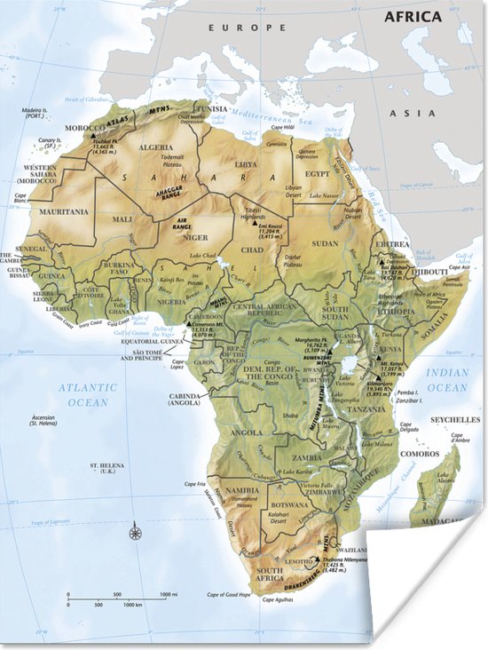 Poster Kaart van Afrika geografisch - 60x80 cm