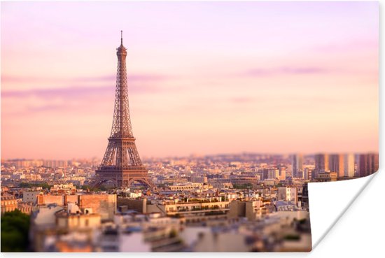 Zonsondergang over Parijs Poster 90x60 cm - Foto print op Poster (wanddecoratie woonkamer / slaapkamer) / Europa Poster