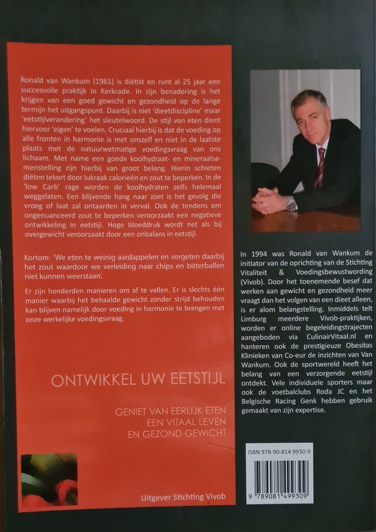 Boekomslag met portret van Ronald van Wankum. Tekst over voeding en leefstijl. ISBN en barcode.
