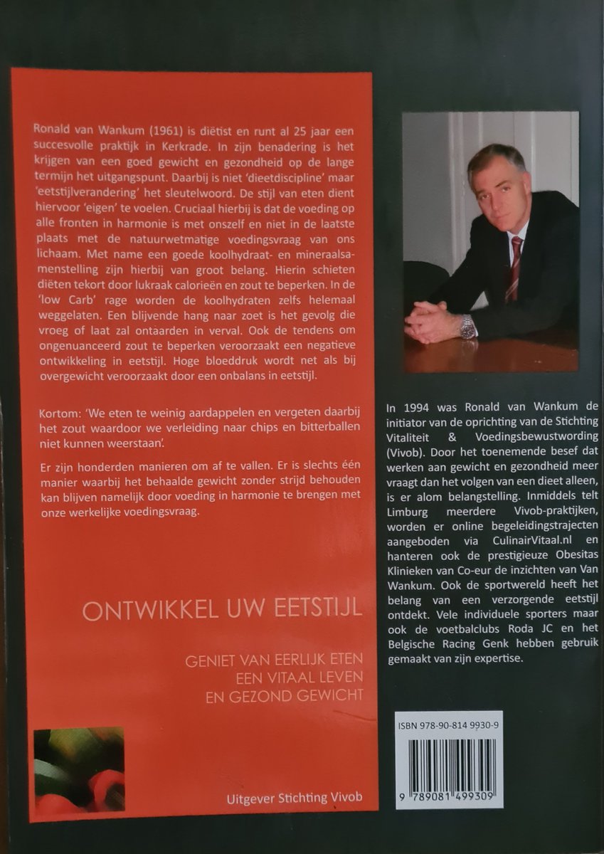 Boekomslag met portret van Ronald van Wankum. Tekst over voeding en leefstijl. ISBN en barcode.