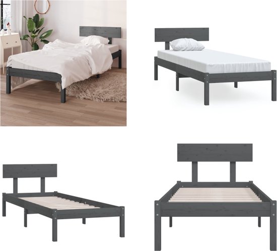 vidaXL Bedframe massief grenenhout grijs 100x200 cm - Bedframe - Bedframes - Bed - Bedbodem