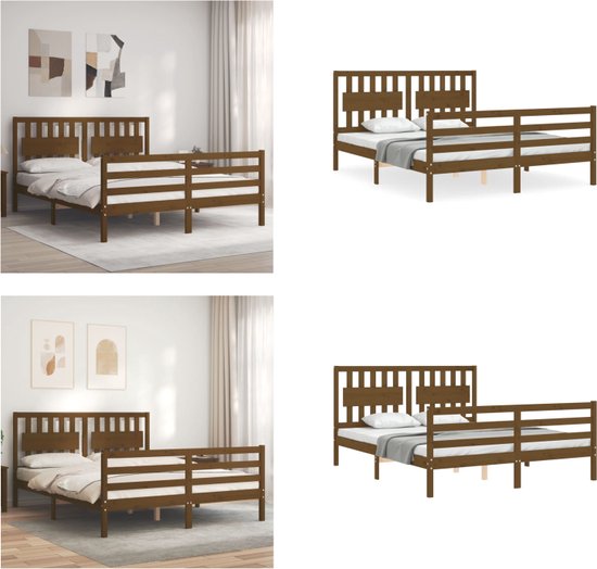 vidaXL Bedframe met hoofdbord massief hout honingbruin 5FT King Size - Bedframe - Bedframes - Bed - Tweepersoonsbed