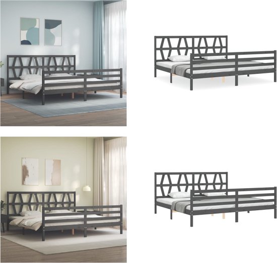 vidaXL Bedframe met hoofdbord massief hout grijs 200x200 cm - Bedframe - Bedframes - Bed - Tweepersoonsbed