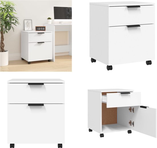 Witte archiefkast met twee laden, vier zwenkwielen, en een open configuratie.