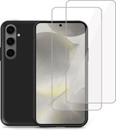 Hoesje + 2x Screenprotector geschikt voor Samsung Galaxy S24 – Tempered Glass - Liquid Back Case Cover Zwart