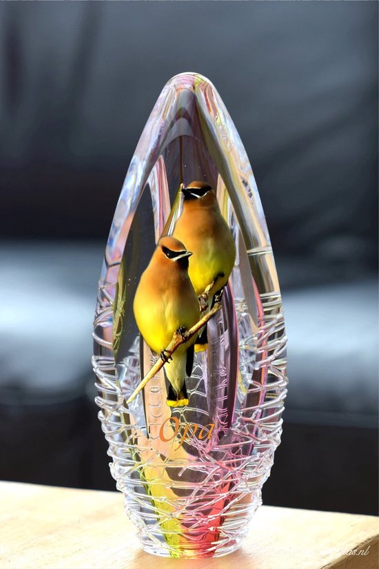 Crematie-as Urn Design Glas met afbeelding van vogeltjes en een door u gewenste naam-Urn met afbeelding dmv.hoge kwaliteit sign folie-Urn crematie-as-Deelbestemming urn Mens-Urn Dierbare-Urn Roze Geel-As Urn-70ml-Premium collectie-Transparant askamer