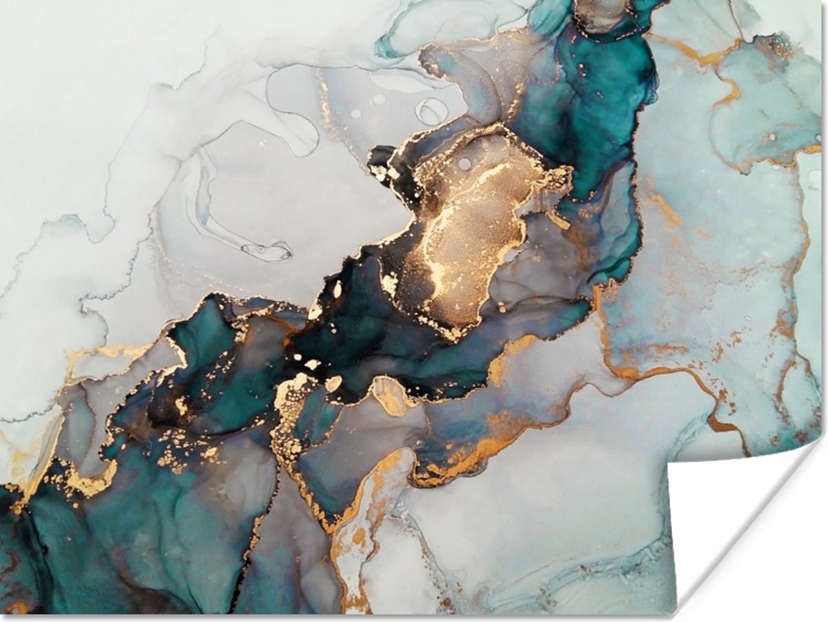 Poster Blauw - Marmer - Goud - 120x90 cm
