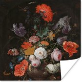 Poster Stilleven met bloemen en een horloge - Schilderij van Abraham Mignon - 30x30 cm