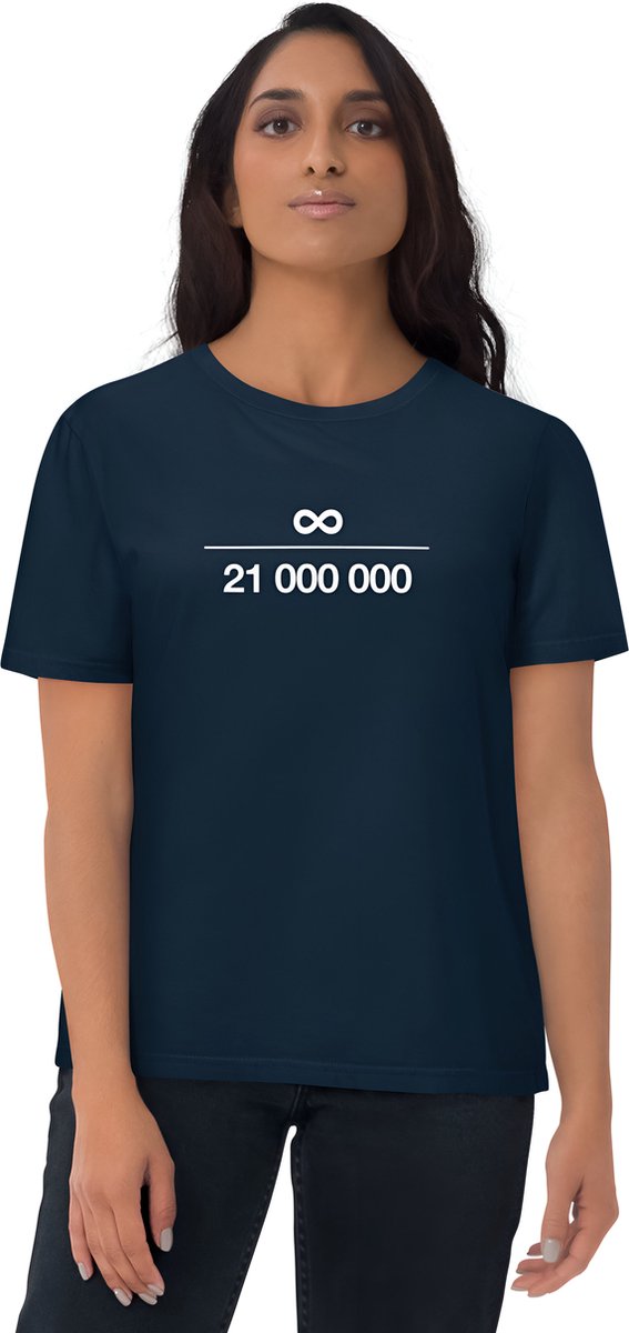 Bitcoin Infinity Symbool - Unisex - 100% Biologisch Katoen - Kleur Marine Blauw- Maat S | Bitcoin cadeau| Crypto cadeau| Bitcoin T-shirt| Crypto T-shirt| Crypto Shirt| Bitcoin Shirt| Bitcoin Merch| Crypto Merch| Bitcoin Kleding